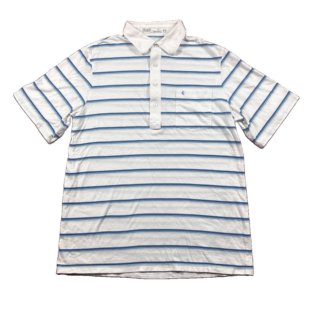 Criquet Polo Shirt Mens Medium White Blue Striped Organic Cotton Preppy